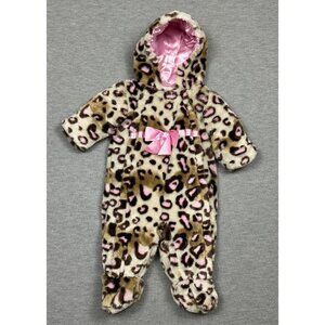 Baby Girls Leopard Print Faux Fur Hooded Bunting Suit 6/9M Satin Bow Lined